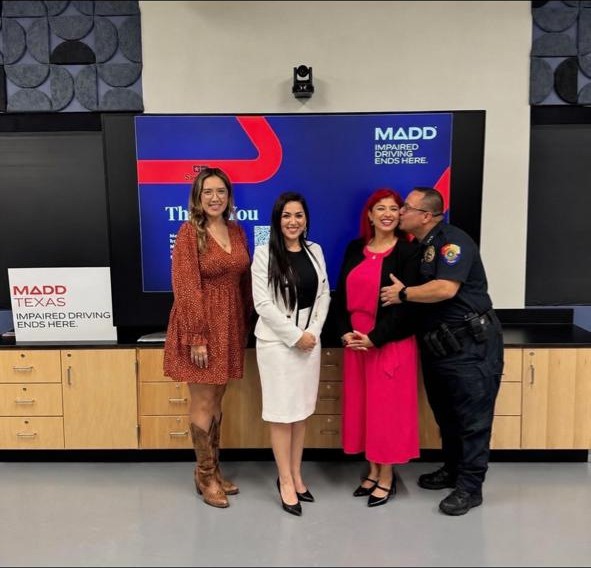 Group photograph at a MADD Texas 'Impaired Driving Ends Here' event in the Rio Grande Valley, including a uniformed Edinburg police official.