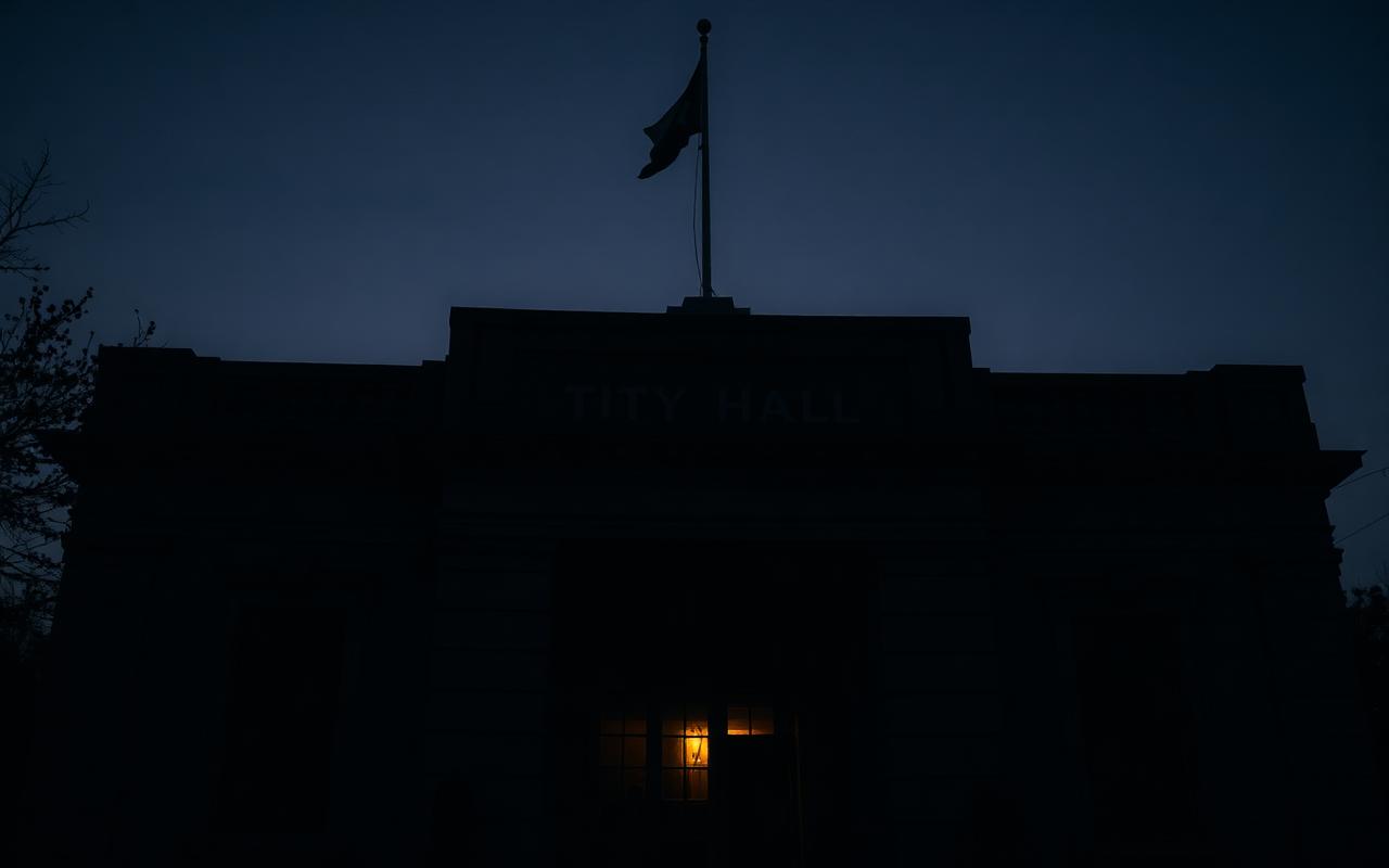 A darkened city hall building at dusk with a Texas flag at half-staff — editorial illustration symbolizing municipal corruption.