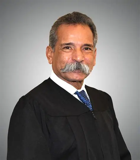 Portrait photograph of a judge in black judicial robes with a blue tie, gray hair and mustache.