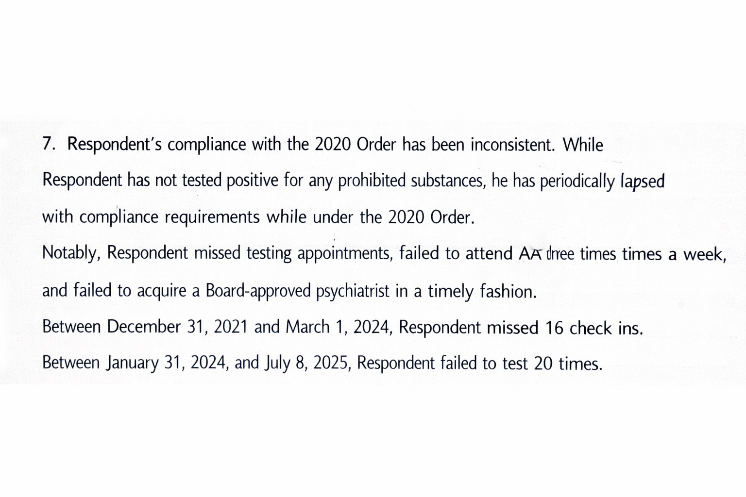 Excerpt of Paragraph 7 from a Texas Medical Board order regarding Respondent Javier Suarez Jaramillo, noting he has not tested positive for any prohibited substances but listing missed check-ins and tests.
