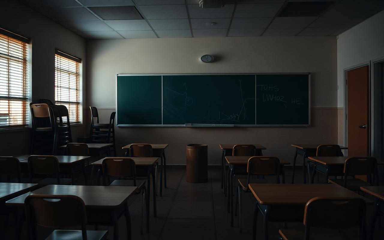 An empty elementary school classroom at dusk with chairs stacked on desks — editorial illustration of school district budget cuts.